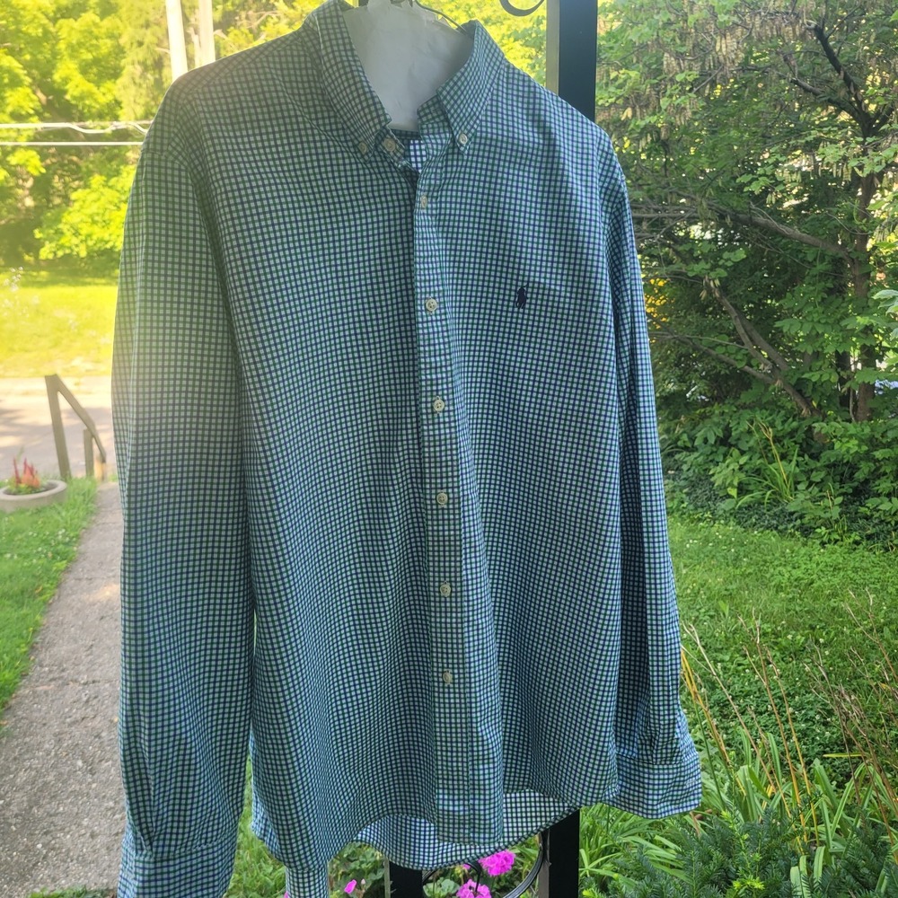 Ralph Lauren Polo Shirt Big Sleeve, Button-Up, Blue and Green Plaid, Size XL